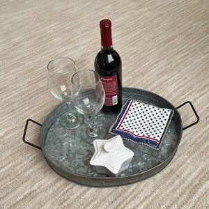 Rustic Galvanized Serving Tray with Rust Trim and Metal Handles, Gray 18”